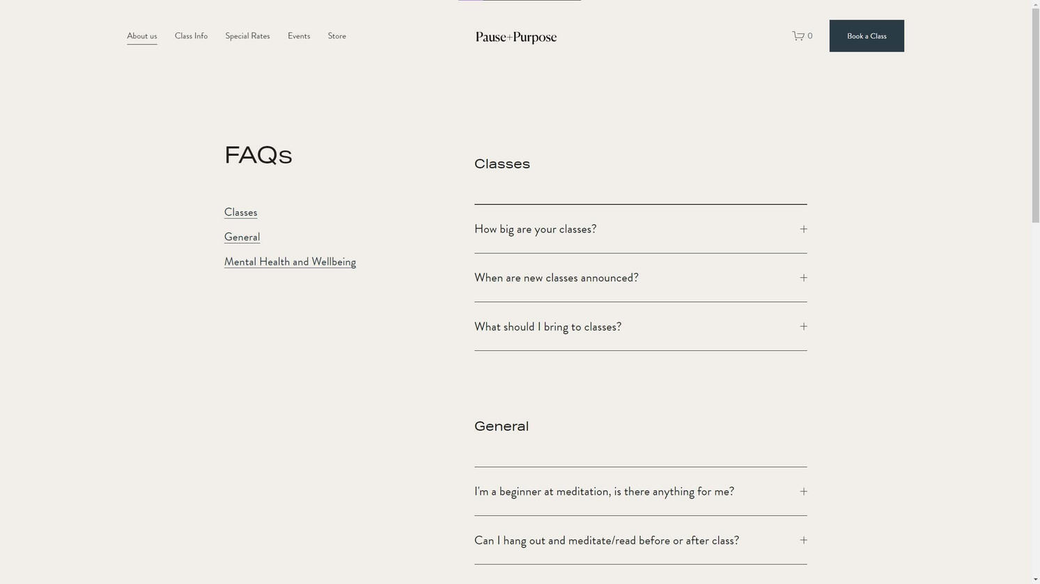 FAQ 01 Pause + Purpose's website displays an FAQ page with anchored links to different parts of the webpage.
