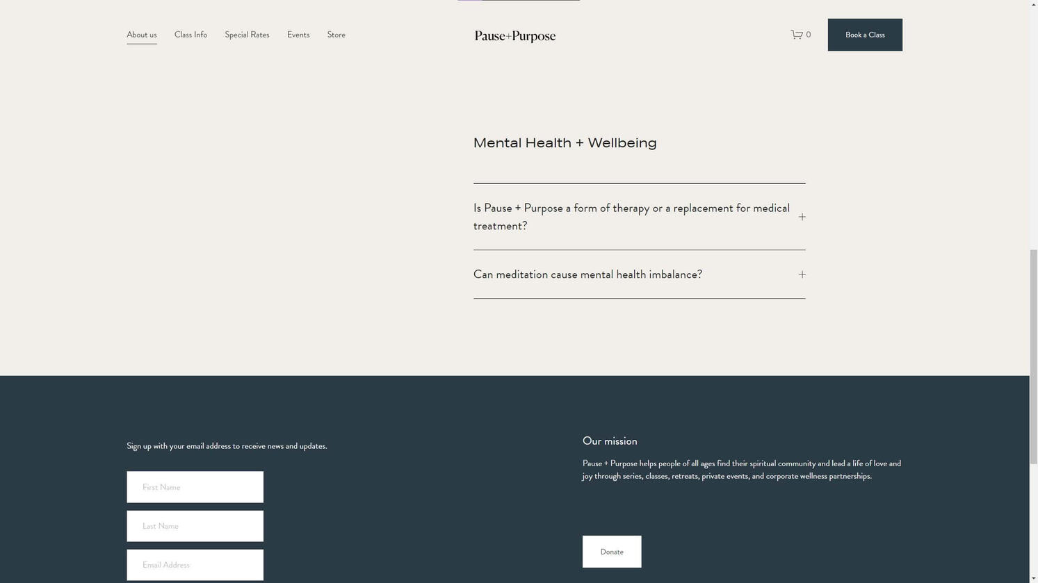 FAQ 02 Pause + Purpose's website displays an FAQ page with anchored links to different parts of the webpage.