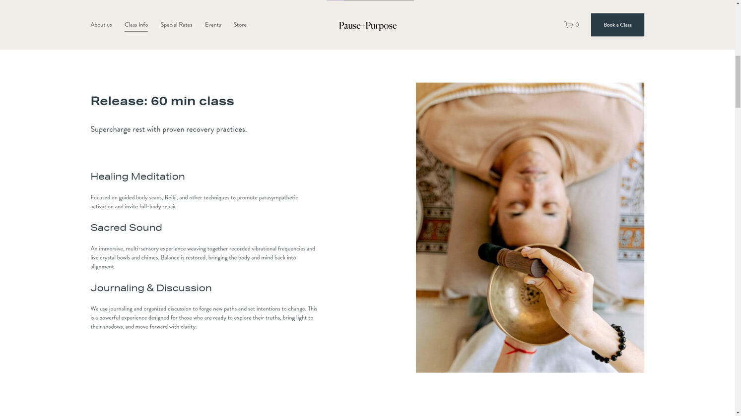 Pause + Purpose's website displays a page with a description of their classes, including a photo and key takeaway points.