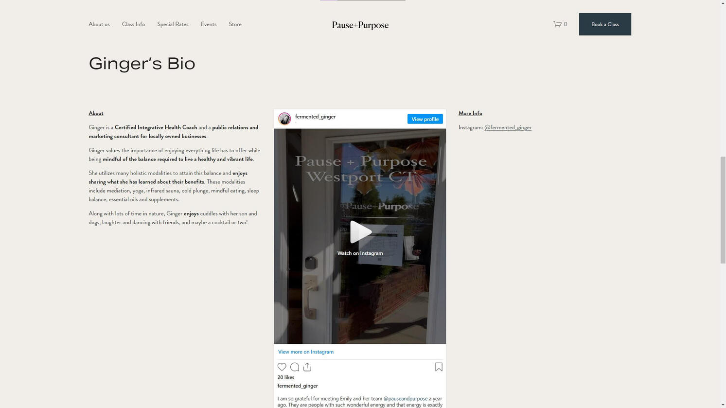 Ginger's Bio 02 Pause + Purpose's Wellness Provider, Ginger's page. Her page displays an embedded Instagram widget.