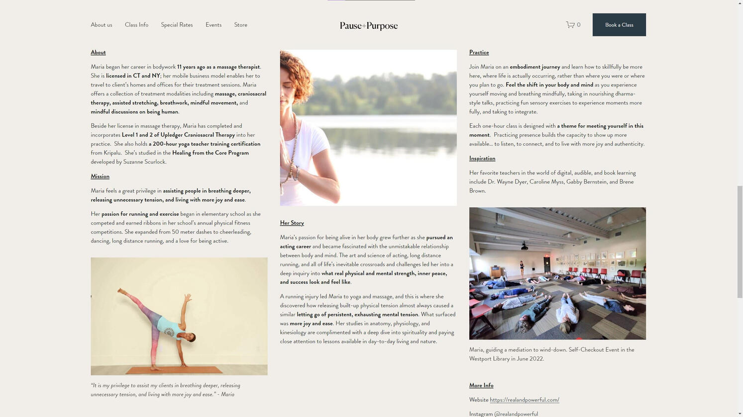 Pause + Purpose's Wellness Provider, Maria's page. In magazine style, her bio is sectioned into different titles and photographs.