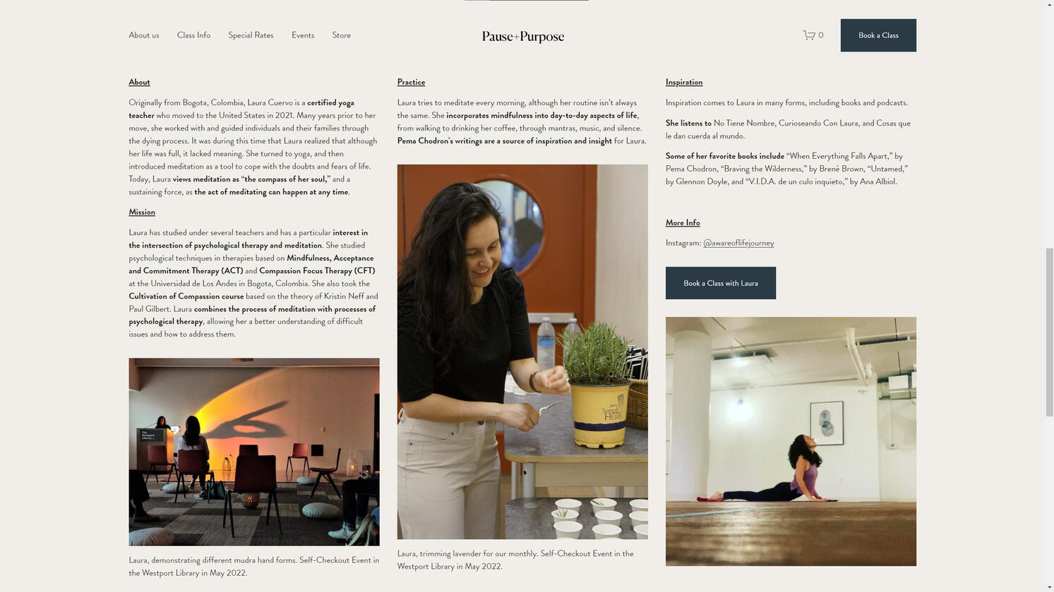Pause + Purpose's Wellness Provider, Laura Cuervo's page. In magazine style, her bio is sectioned into different titles and photographs.