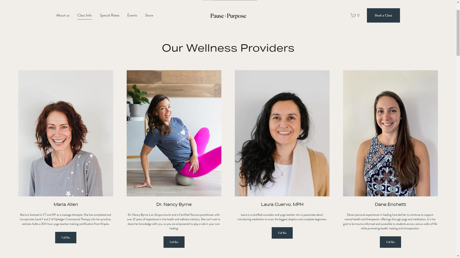 Wellness Providers Page Pause + Purpose's website displays a gallery of their Wellness Providers.