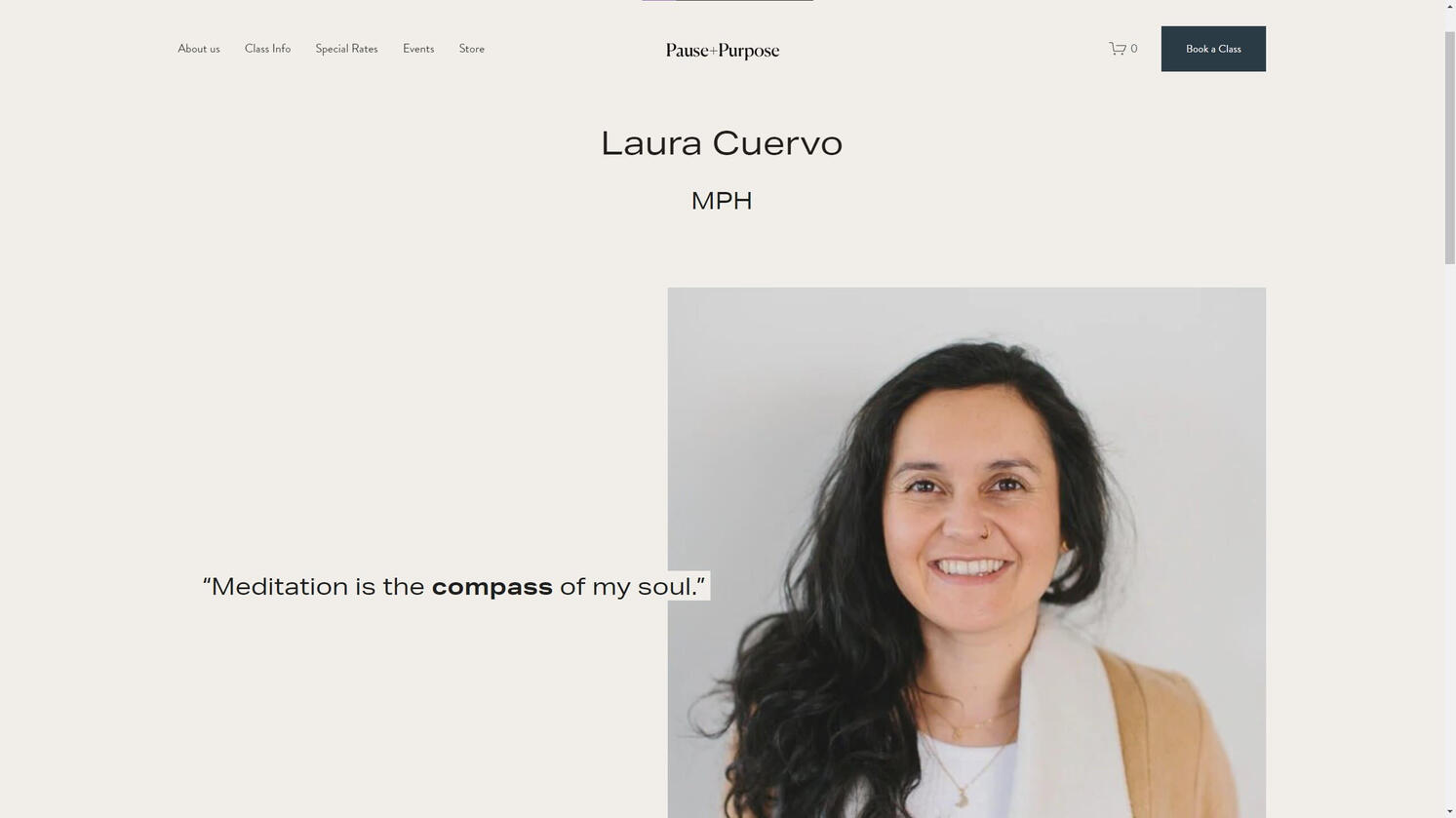 Laura's Bio 01 Pause + Purpose's Wellness Provider, Laura Cuervo's page. Her favorite quote overlays a photo of her.