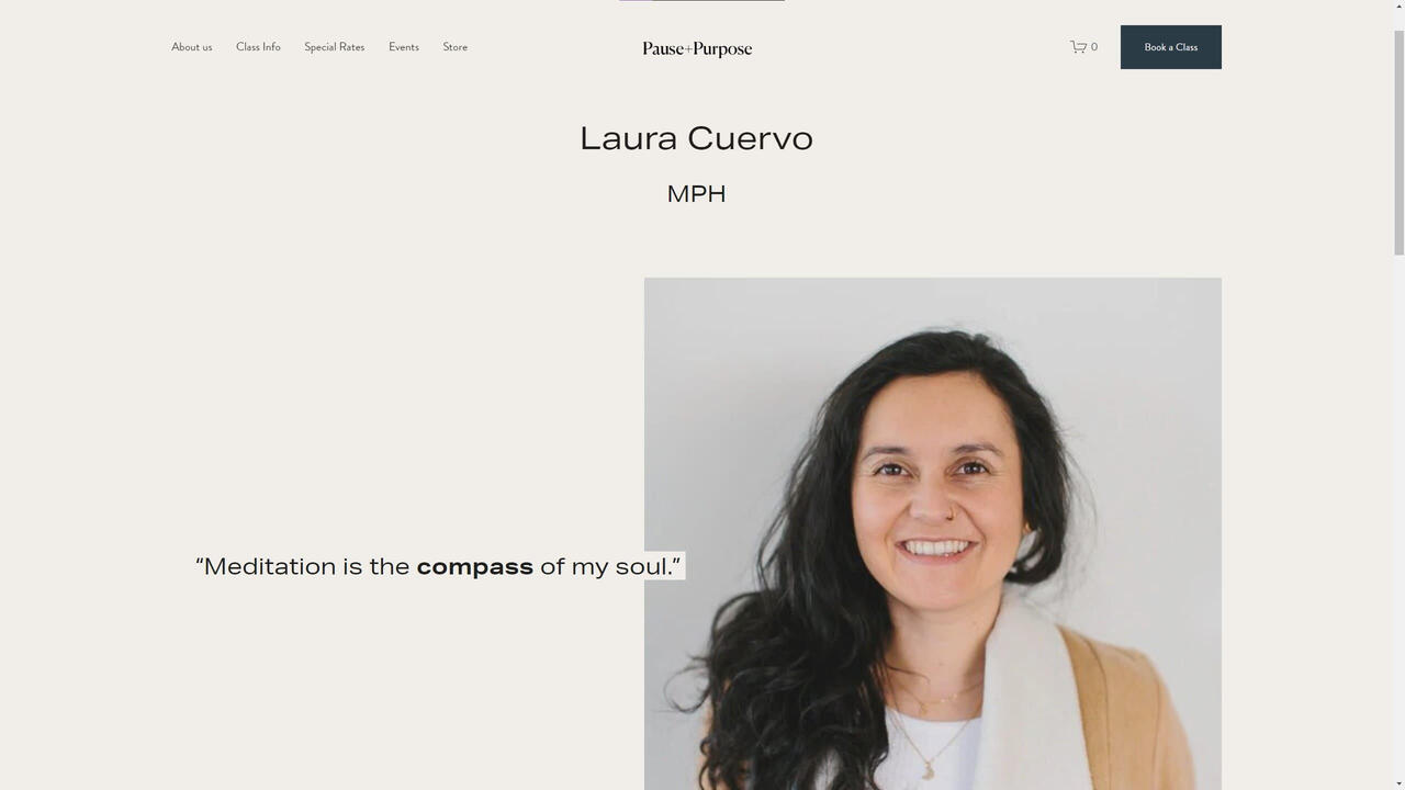Laura's Bio 01 Pause + Purpose's Wellness Provider, Laura Cuervo's page. Her favorite quote overlays a photo of her.