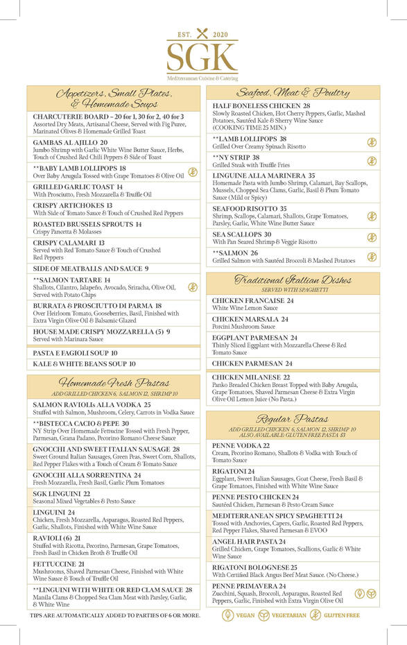 Sonia&#39;s Gourmet Kitchen Menu Front