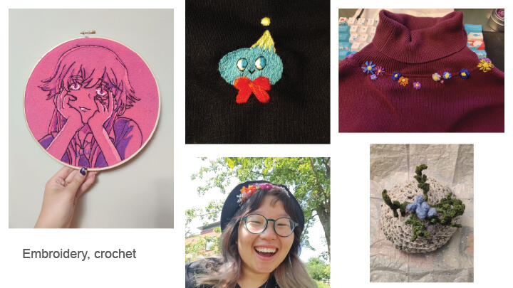 Sheryl Chan creations using embroidery and crochet.