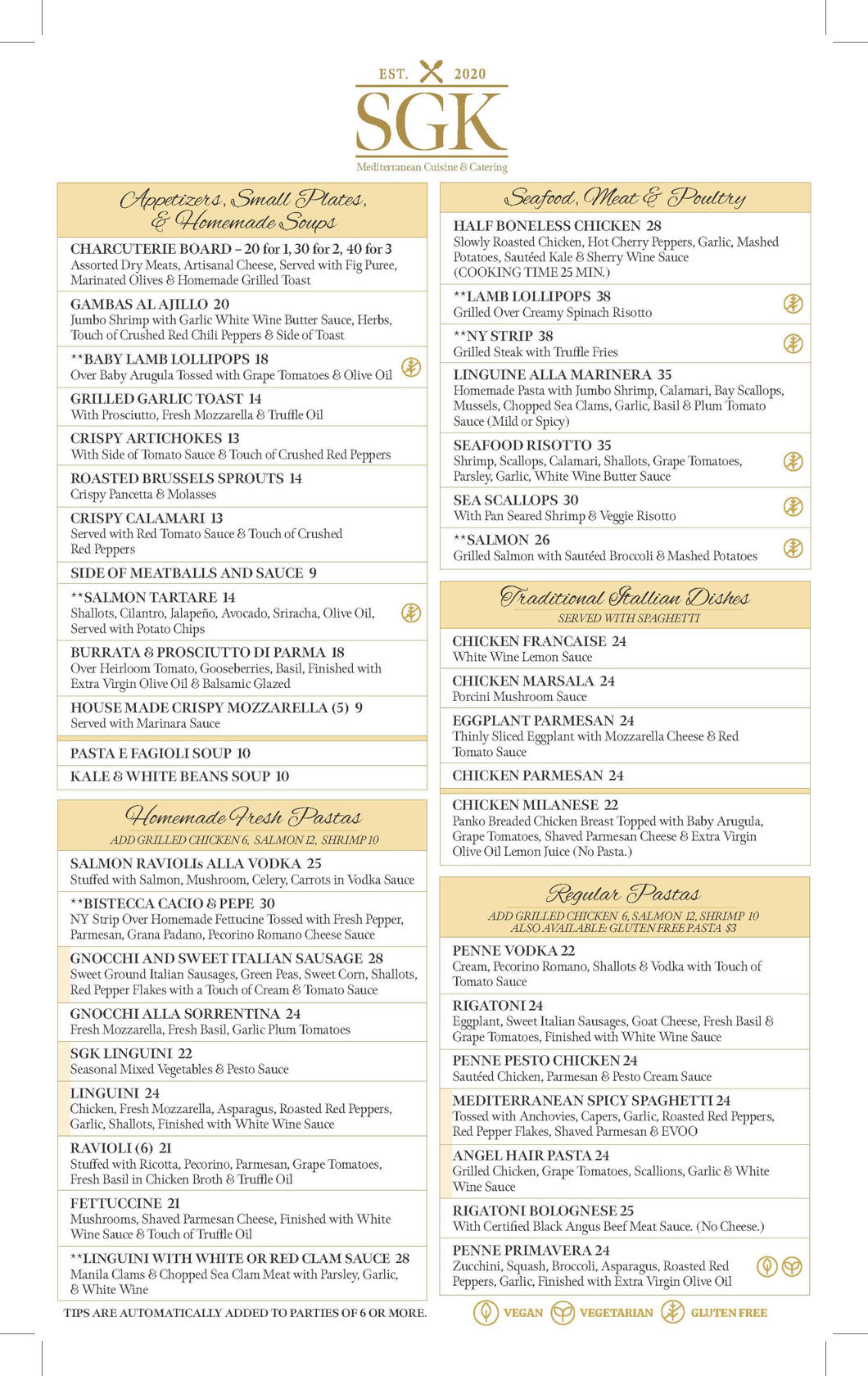 Sonia's Gourmet Kitchen Menu Front