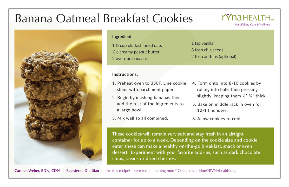 RVNAhealth Banana Oatmeal Breakfast Cookies Recipe Card Front